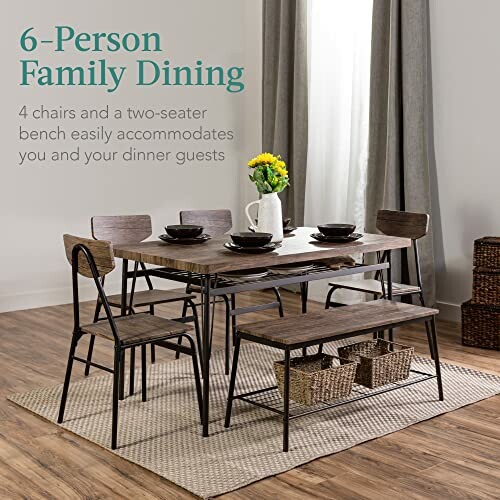 A 6-person dining table with chairs and a bench in a cozy room, perfect for family meals or gatherings.