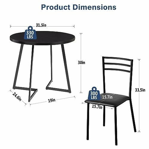 Dimensions of black dining table and chair with weight limits.