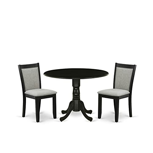 Black round dining table with two upholstered chairs