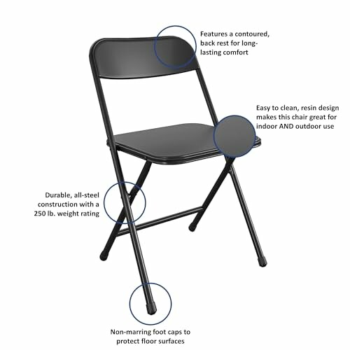 Black folding chair with contoured back, steel construction, and non-marring foot caps.