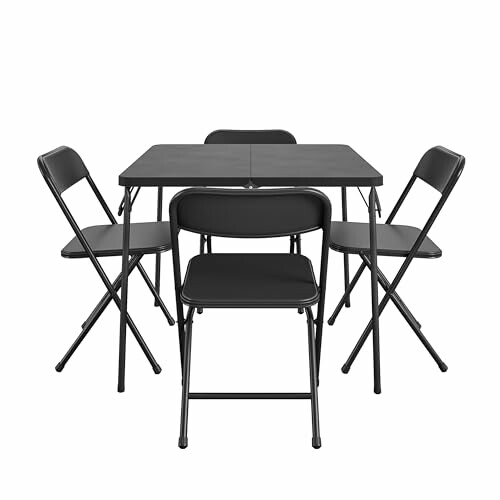 Set of black folding table and four chairs.