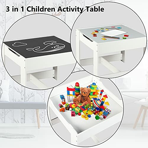 3-in-1 children's activity table with chalkboard, drawing surface, and toy storage