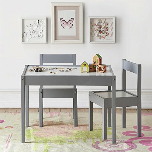 Children's gray play table set with chairs and wall art