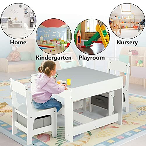 Children's play table and chairs in a colorful playroom setting