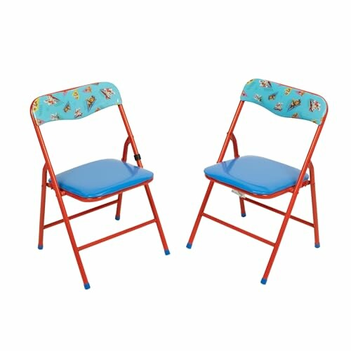 Two colorful folding chairs with red frames and blue seats.