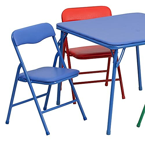 Blue and red folding chairs with a blue folding table