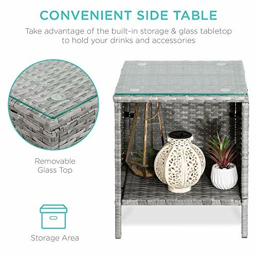 Wicker side table with removable glass top and storage area.