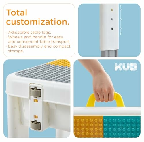 Image showcasing features of a customizable table with adjustable legs, wheels for easy transport, and easy assembly. 