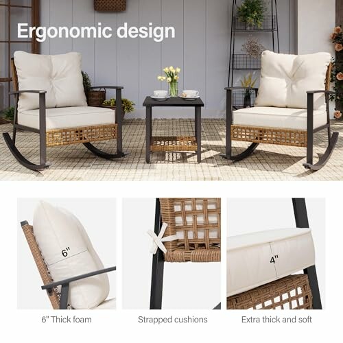 Ergonomic design patio furniture with rocking chairs, table, and cushions.