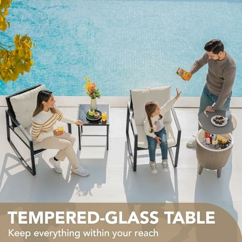 Family enjoying snacks by a pool with a tempered-glass table.