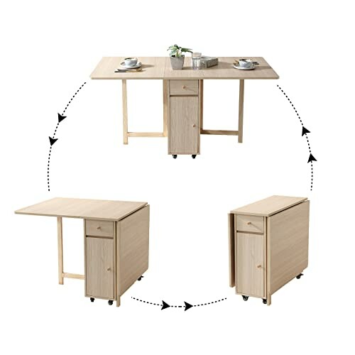 Collapsible wooden dining table with folding panels and wheels.