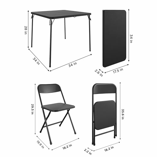 Folding table and chair set with dimensions.