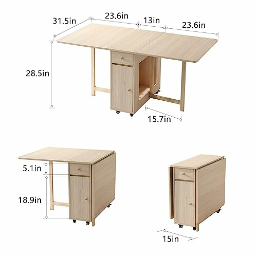 Folding wooden dining table with dimensions and storage.