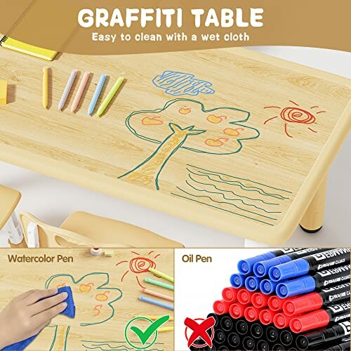 Kids graffiti table with doodles, chalks, and markers.