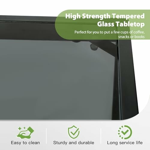 High strength tempered glass tabletop with text and icons highlighting features.