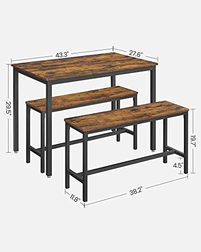 Industrial style dining table set with two benches and dimensions.