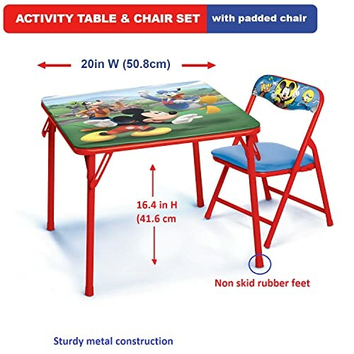 Kids activity table and chair set with cartoon design, padded chair, non-skid feet, and metal construction.