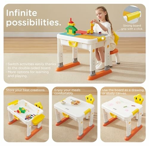 Child using a versatile kids activity table with building blocks, meal setup, and drawing options. 