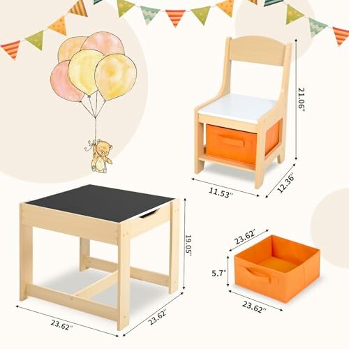 Children's table and chair set with storage box, balloons, and bunting.