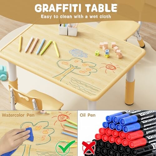 Children's graffiti table with drawing tools and cleaning instructions.