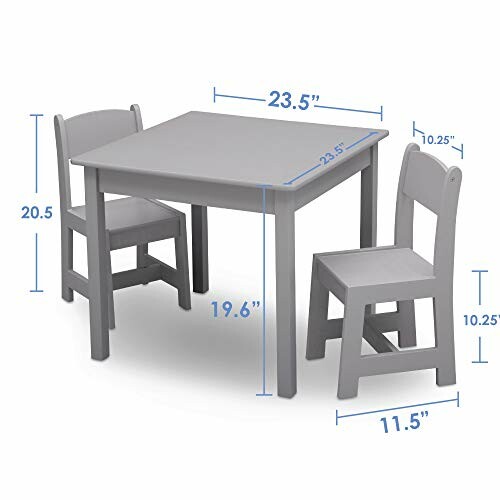 Gray kids table with two chairs and dimensions labeled.