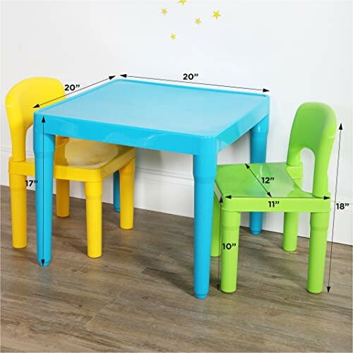 Colorful plastic kids table and chairs set with measurements.