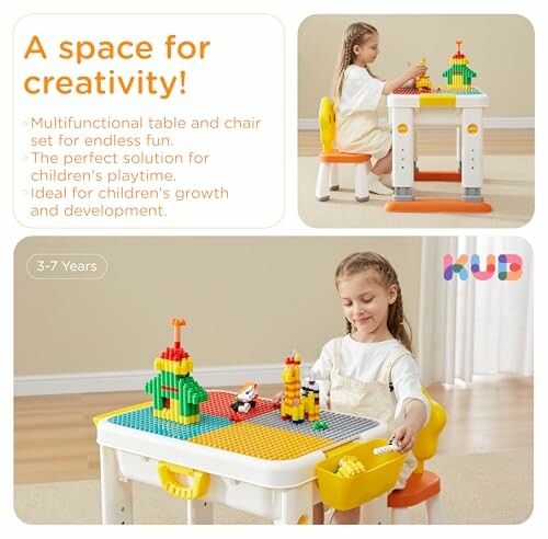 Child playing with a multifunctional table and chair set with colorful blocks. 