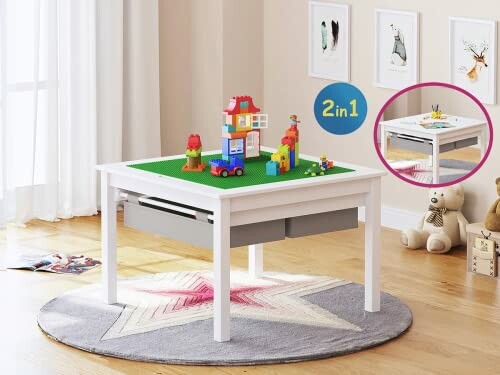 Children's play table with Lego set on top in a playroom.