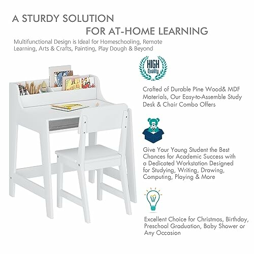 White kids study desk and chair set with features listed.