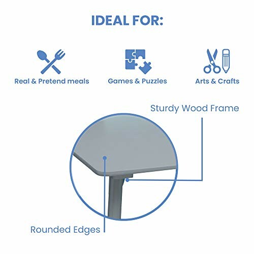 Diagram showcasing features of a kids' table including sturdy wood frame and rounded edges.