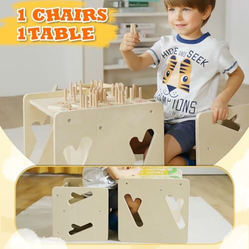 Child playing with wooden chair and table set.