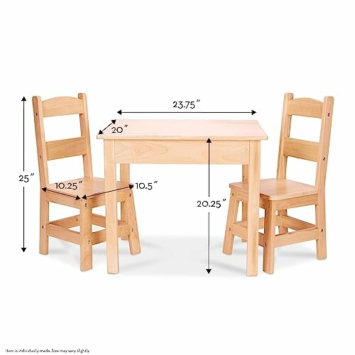 Children's wooden table and chair set with dimensions