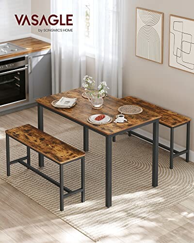 Rustic dining table set with benches in a kitchen