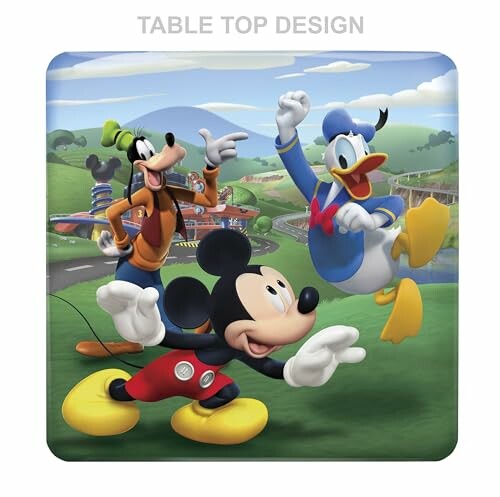 Mickey Mouse, Goofy, and Donald Duck in a playful scene