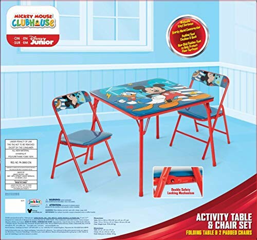 Mickey Mouse Clubhouse activity table and chair set with folding table and two padded chairs.