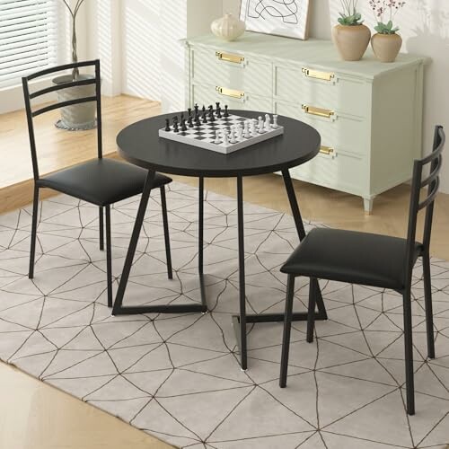 Modern dining set with a chessboard on the table.