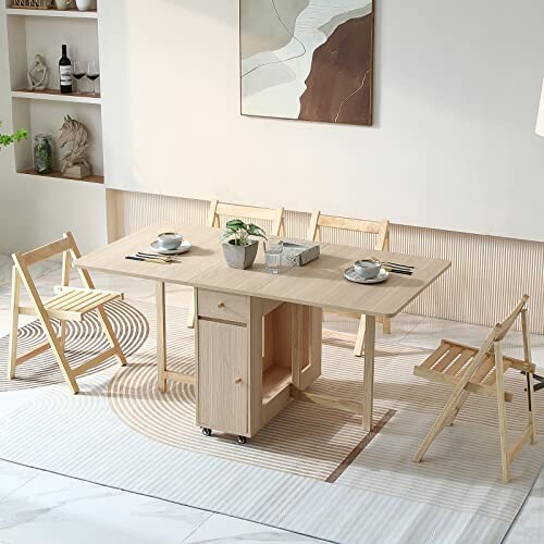 Modern wooden dining table with four chairs and tableware.