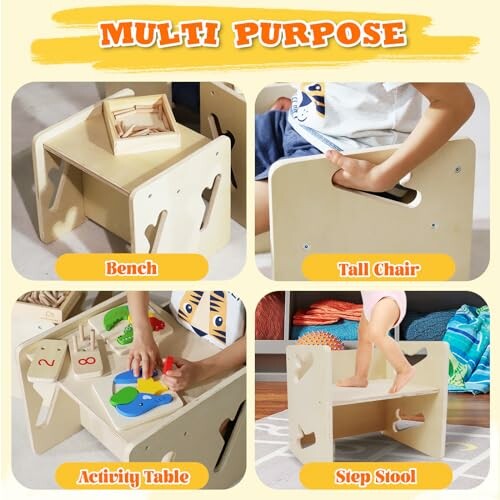 Multi-purpose furniture for kids: bench, tall chair, activity table, and step stool.