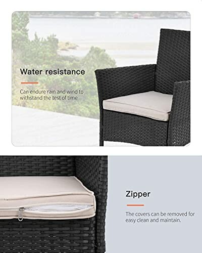 Outdoor chair highlighting water resistance and removable cushion cover with zipper.