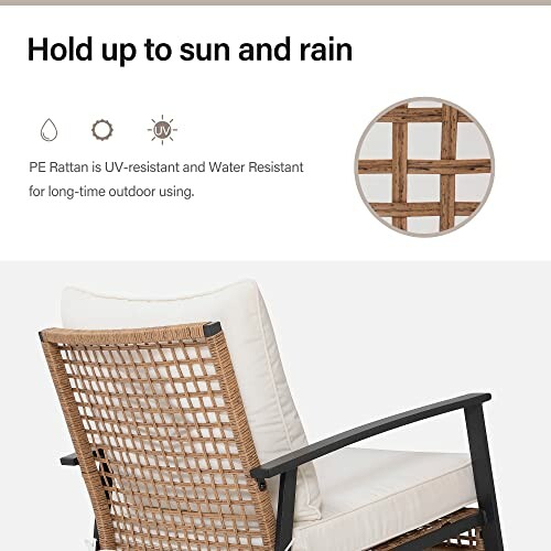 Outdoor chair with UV and water-resistant PE rattan.