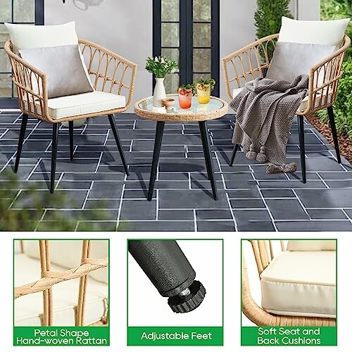 Outdoor patio furniture set with two rattan chairs, a round table, and cushions.