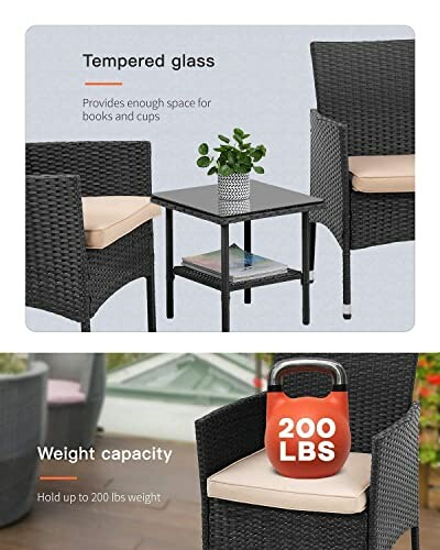 Patio furniture set with tempered glass table, chairs, and weight capacity info.