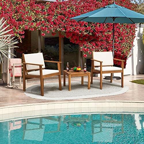 Poolside patio furniture set with two chairs, a table, and an umbrella.