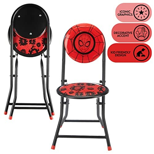 Red and black Spider-Man themed kids folding chair with iconic graphics.