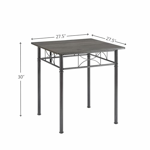 Square metal dining table with dimensions labeled.