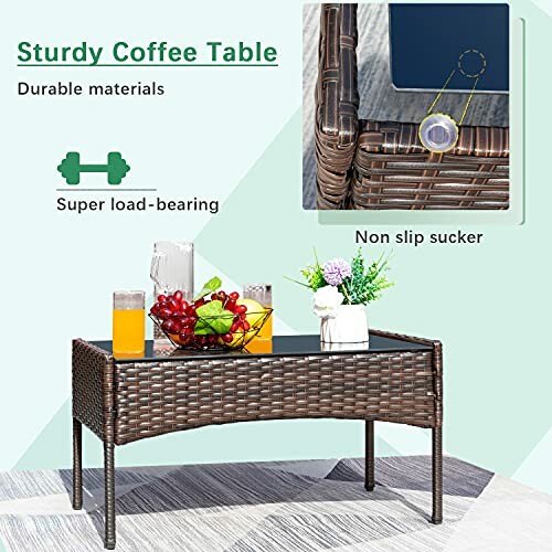 Sturdy coffee table with glass top, drinks, and fruit basket.