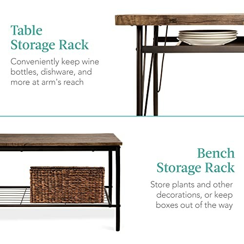 Table and bench storage rack for wine, dishes, and decorations, perfect for convenient item storage.