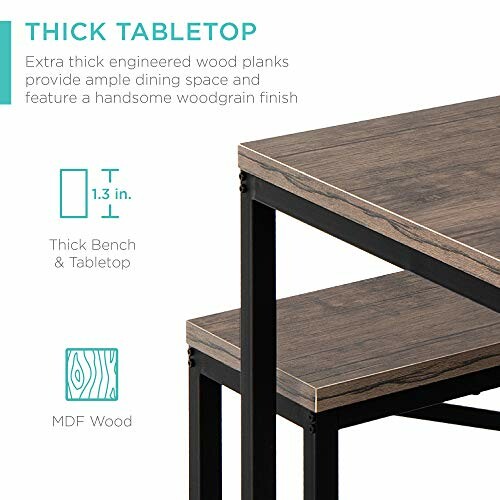 Detail of thick tabletop with woodgrain finish and metal frame