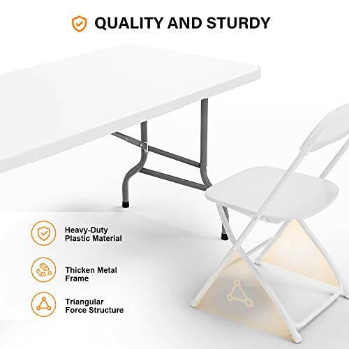 White folding table and chair with quality features highlighted.