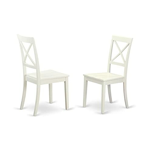 Two white wooden dining chairs with cross-back design